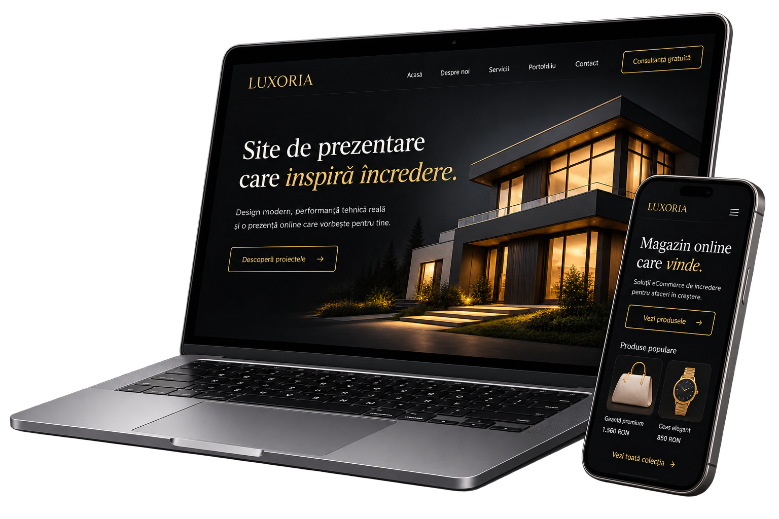 Website prezentat pe laptop și telefon
