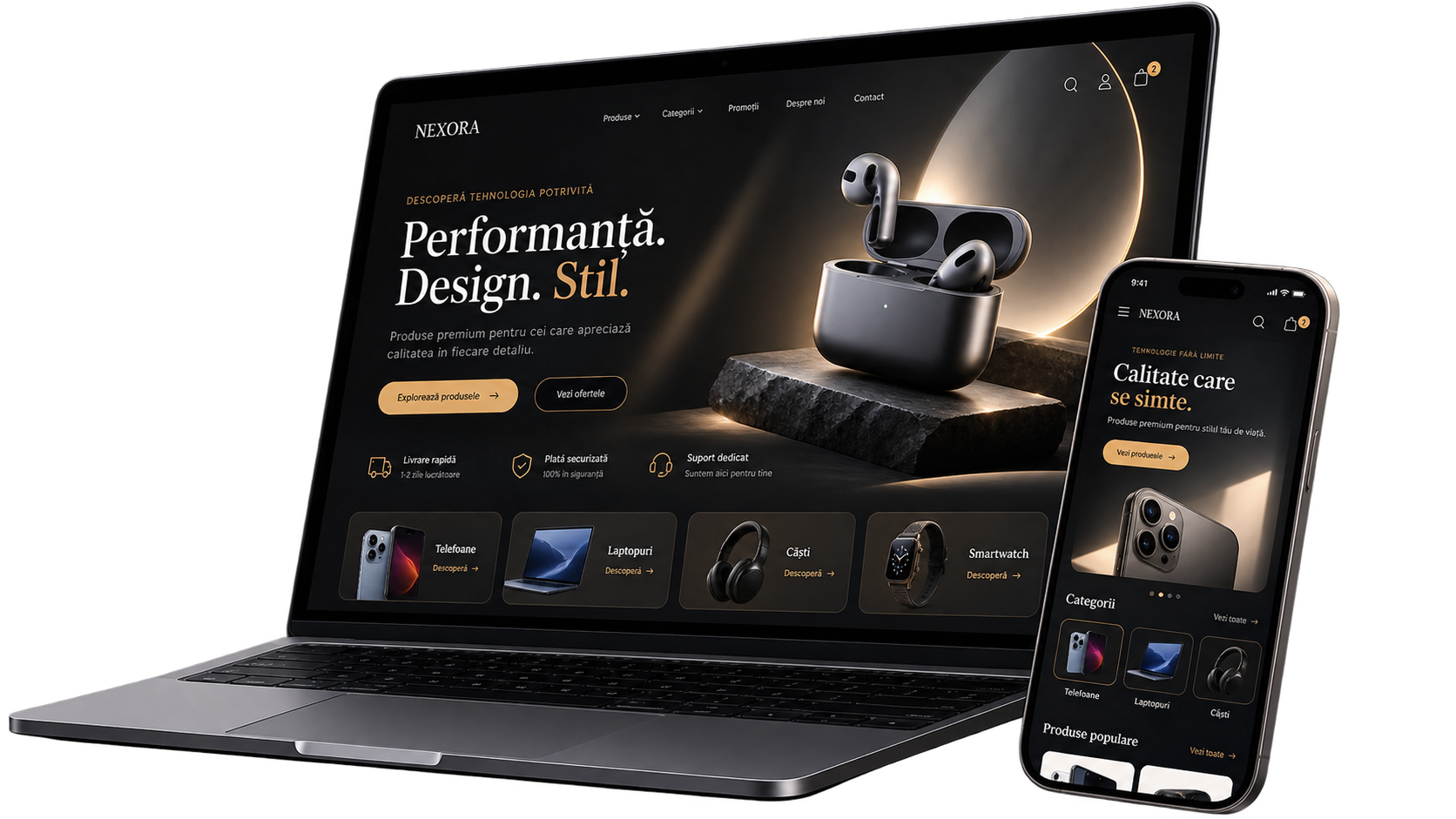 Magazin online prezentat pe laptop și telefon